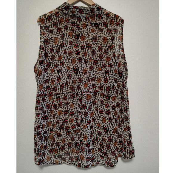 Lane Bryant Black Brown Red Abstract Sleeveless Sheer Button Front Top Size 24 - Picture 2 of 9
